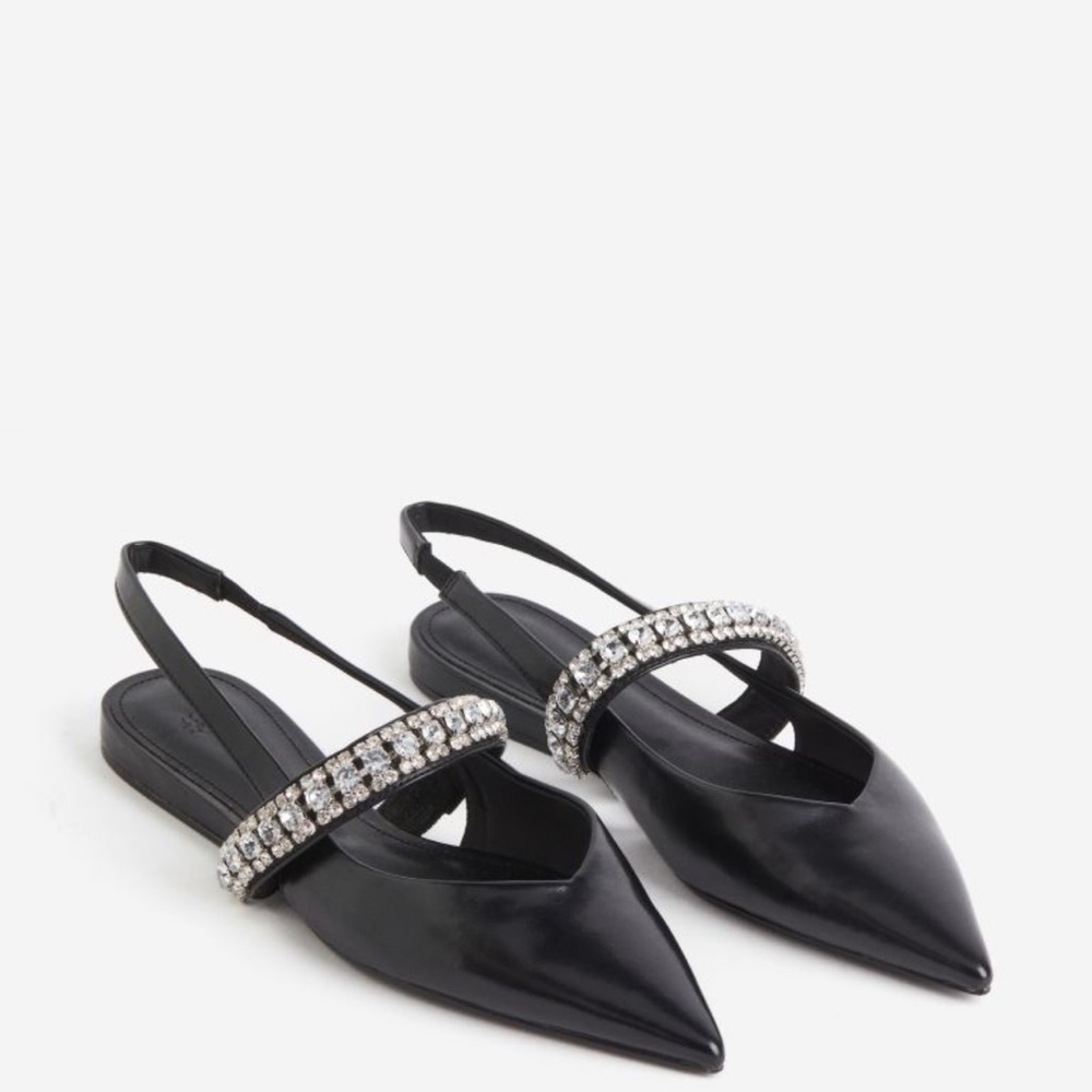 H&M Rhinestone detailed pointed toe slingbacks shoes size 9 black ballet flats